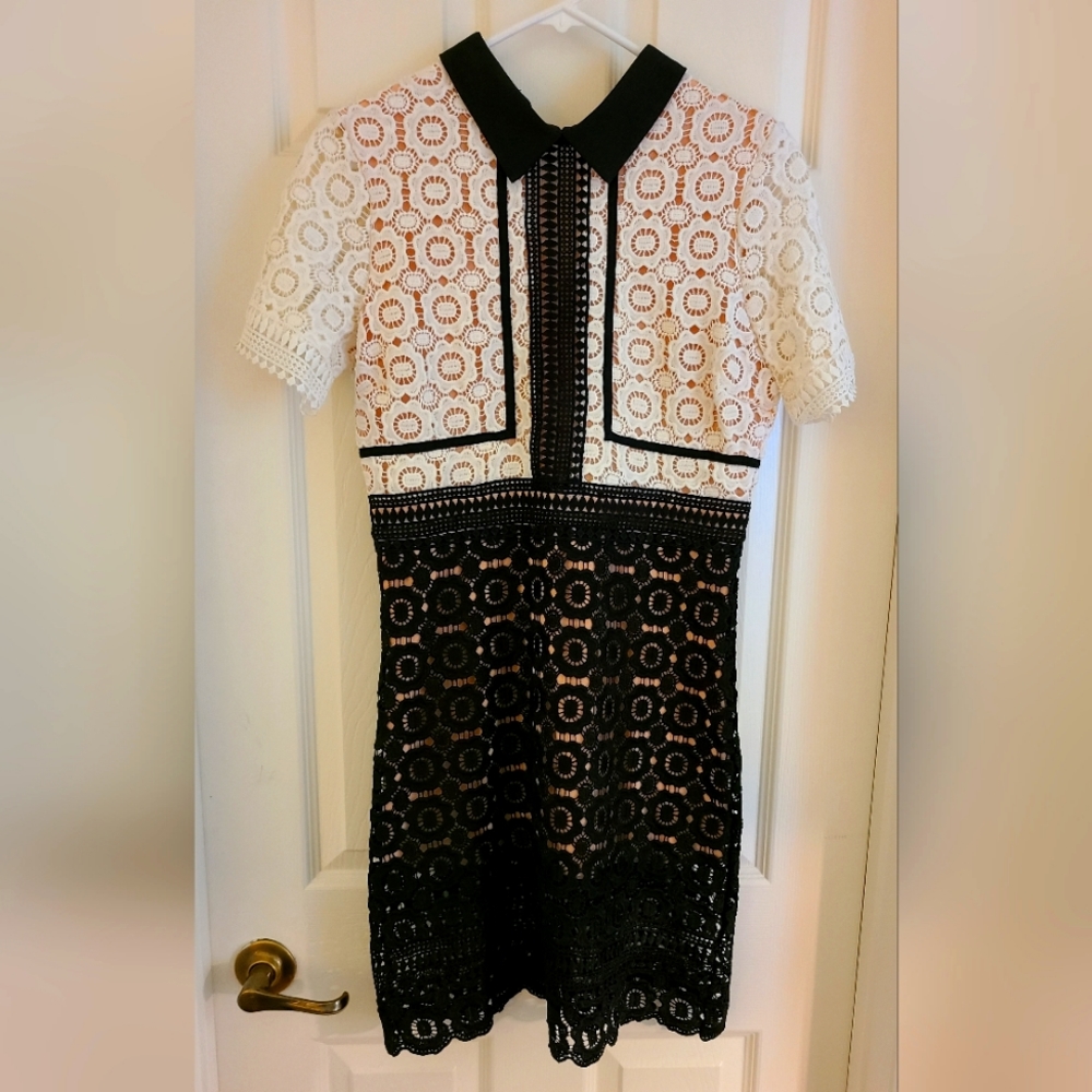 NWT Goodnight Macaroon Black White Crochet Eyelet Mini Dress Short Sleeve